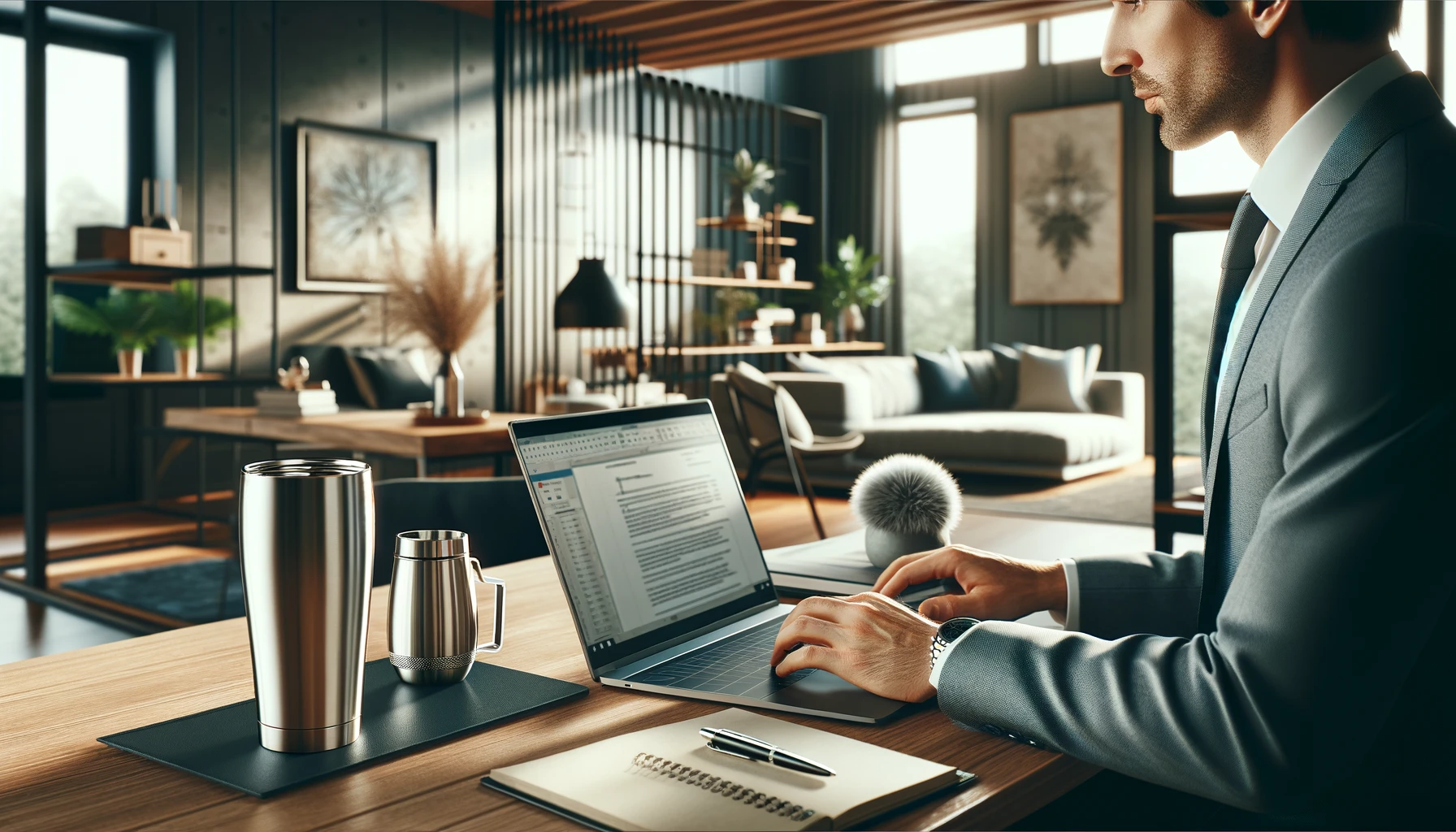 DALL·E 2024-02-19 12.03.49 - An elegant home office setup, where a professional is seen working on a laptop, with a stainless steel thermal cup next to the computer. The environme