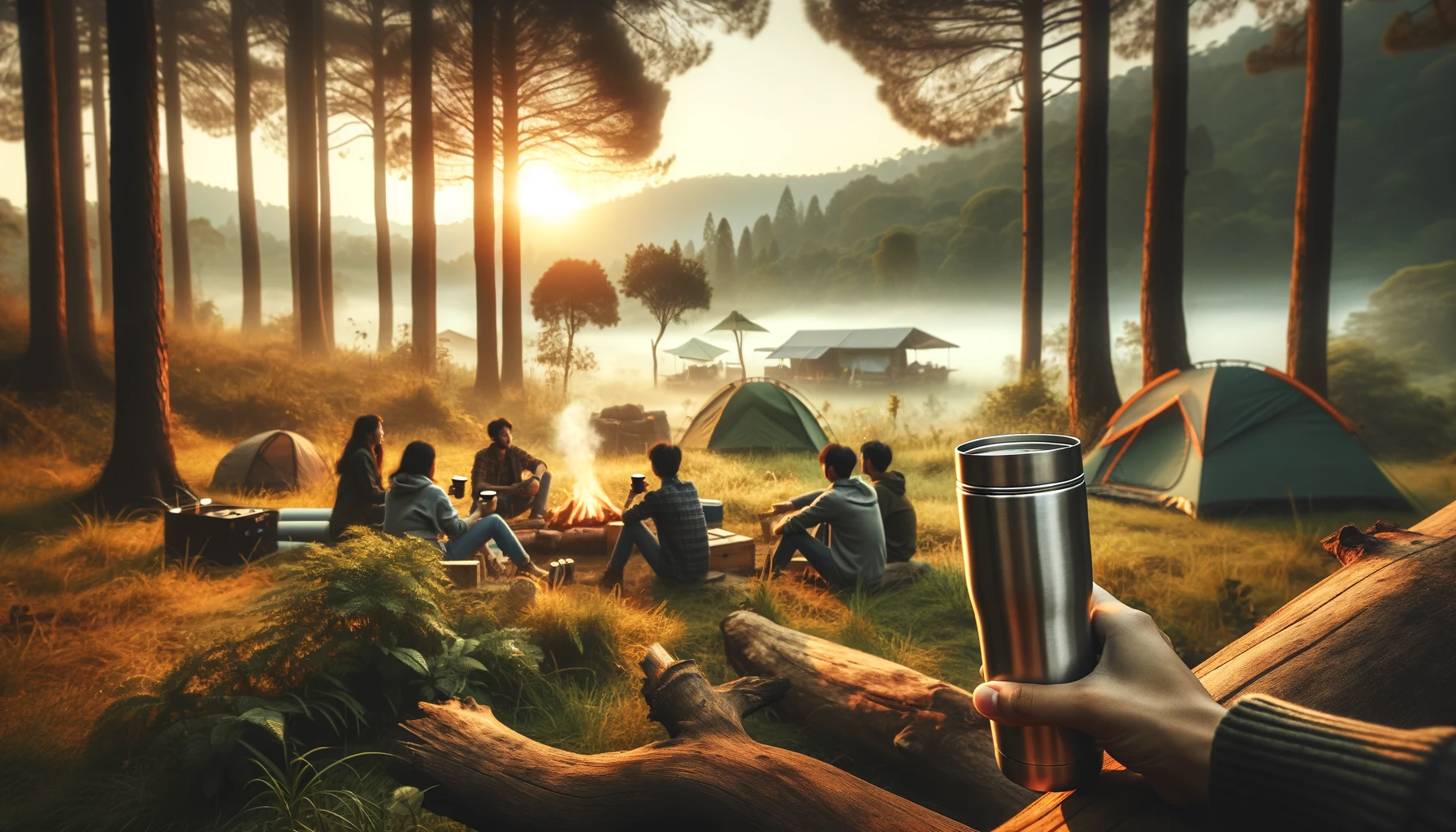 DALL·E 2024-02-19 12.03.53 - A serene outdoor setting featuring individuals on a camping trip, enjoying hot beverages from their stainless steel thermal cups amidst nature. The im