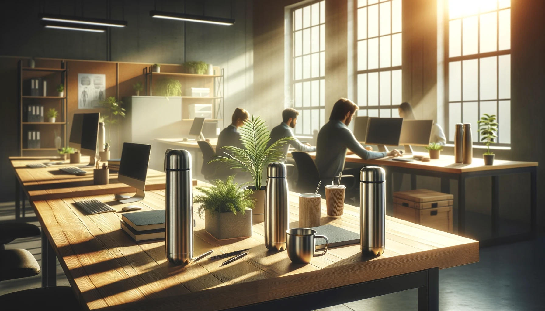 DALL·E 2024-02-19 12.03.54 - A modern office environment with employees using stainless steel thermal cups on their desks, highlighting the blend of productivity and sustainable l