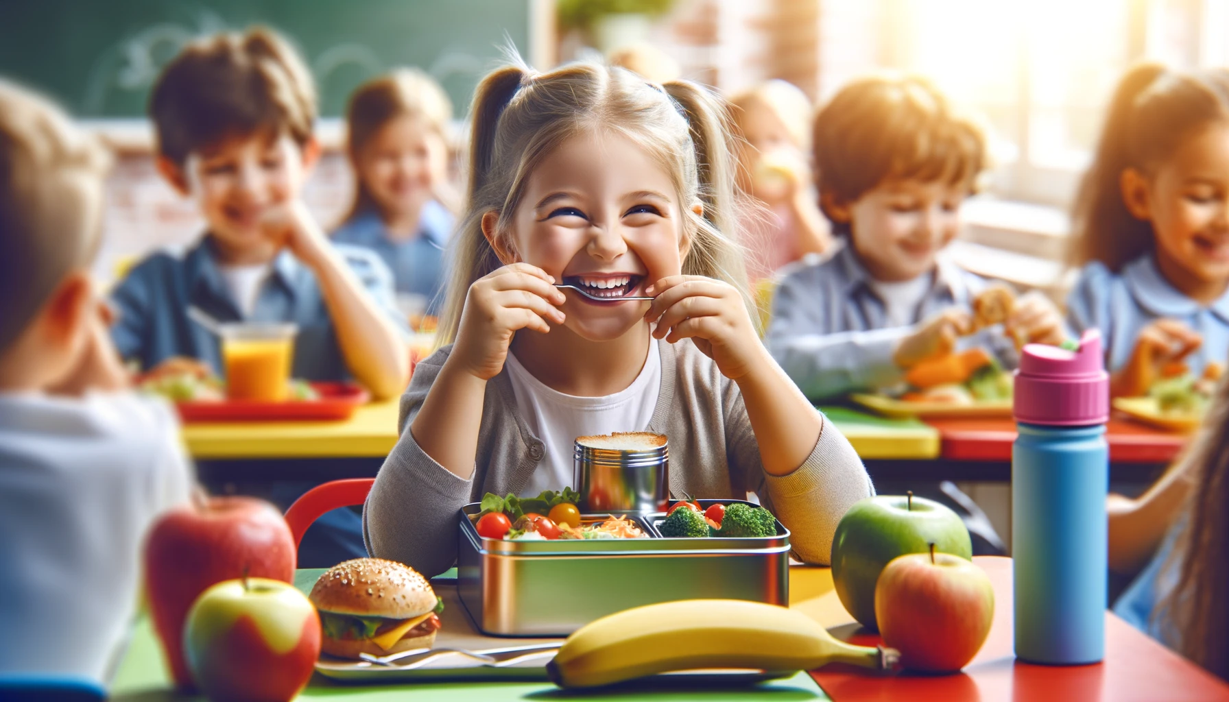 DALL·E 2024-02-19 16.19.08 - A child happily eating a nutritious meal from a stainless steel lunch box at school, sitting at a colorful desk surrounded by classmates. The scene re