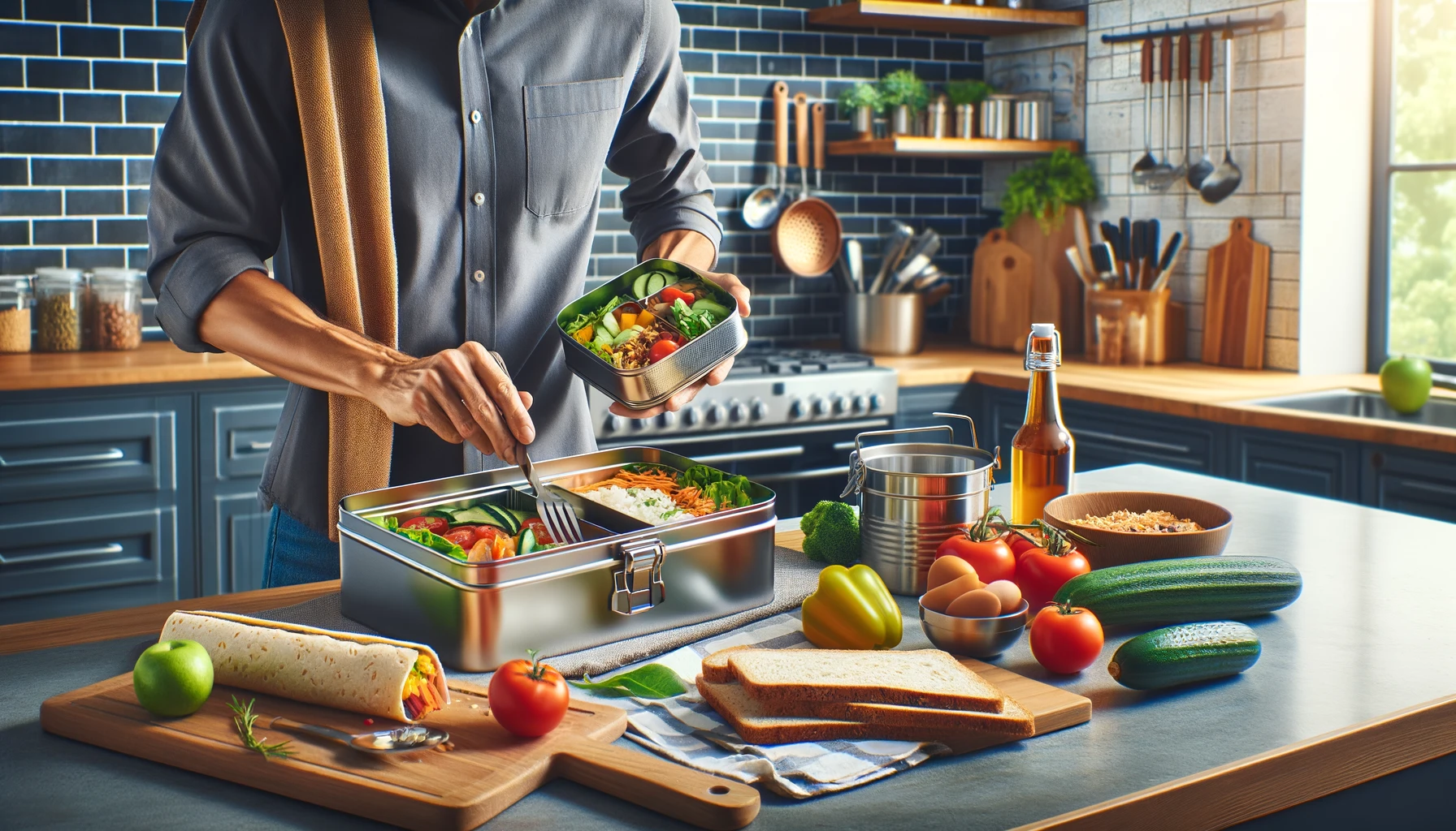 DALL·E 2024-02-19 16.19.10 - An adult preparing a healthy meal into a stainless steel lunch box in a modern kitchen, illustrating the process of meal prep for a busy workday. The