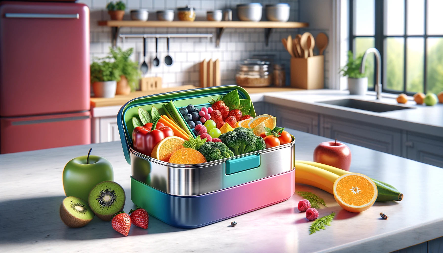 DALL·E 2024-02-19 16.23.43 - A modern, high-resolution image of a lunch box with a vibrant and colorful exterior made of plastic, showcasing a stainless steel interior filled with