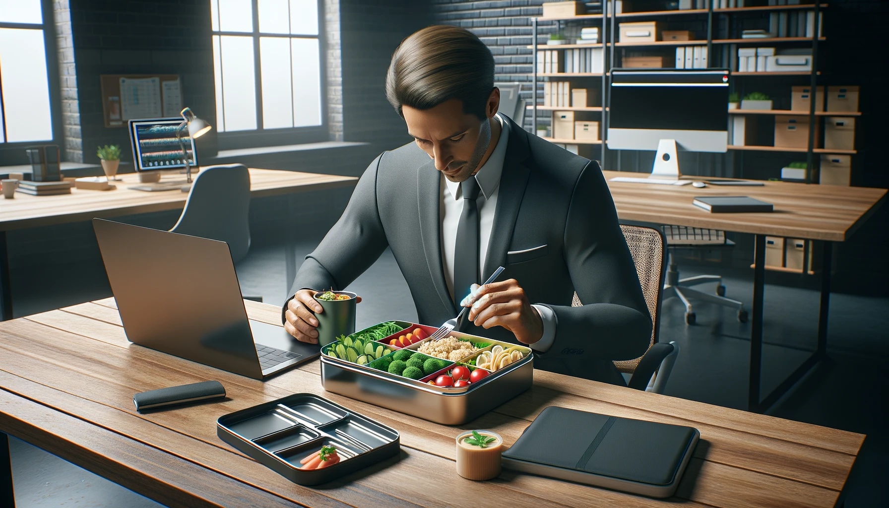 DALL·E 2024-02-19 16.24.32 - A highly realistic 4K image depicting an adult at a workplace using a lunch box with a plastic exterior and stainless steel interior, filled with a ba