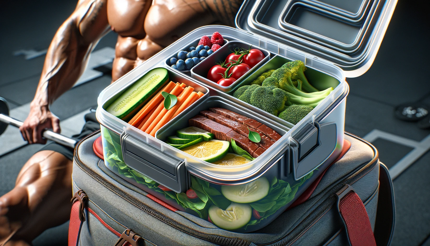 DALL·E 2024-02-19 16.25.35 - A close-up, realistic 4K image focusing on a fitness enthusiast's lunch box with a plastic exterior and stainless steel interior, showcasing sections