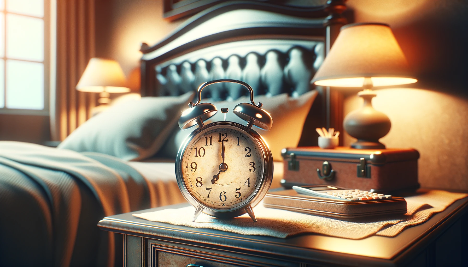 DALL·E 2024-02-19 16.46.19 - A vintage alarm clock on a bedside table, illustrating the classic beauty and simplicity of traditional timekeeping. The scene is set in a cozy bedroo