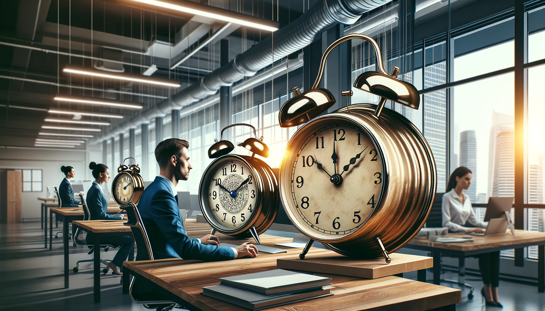 DALL·E 2024-02-19 16.46.40 - A group of successful individuals in a modern office setting, each with a vintage alarm clock on their desks. This image should showcase how these tra