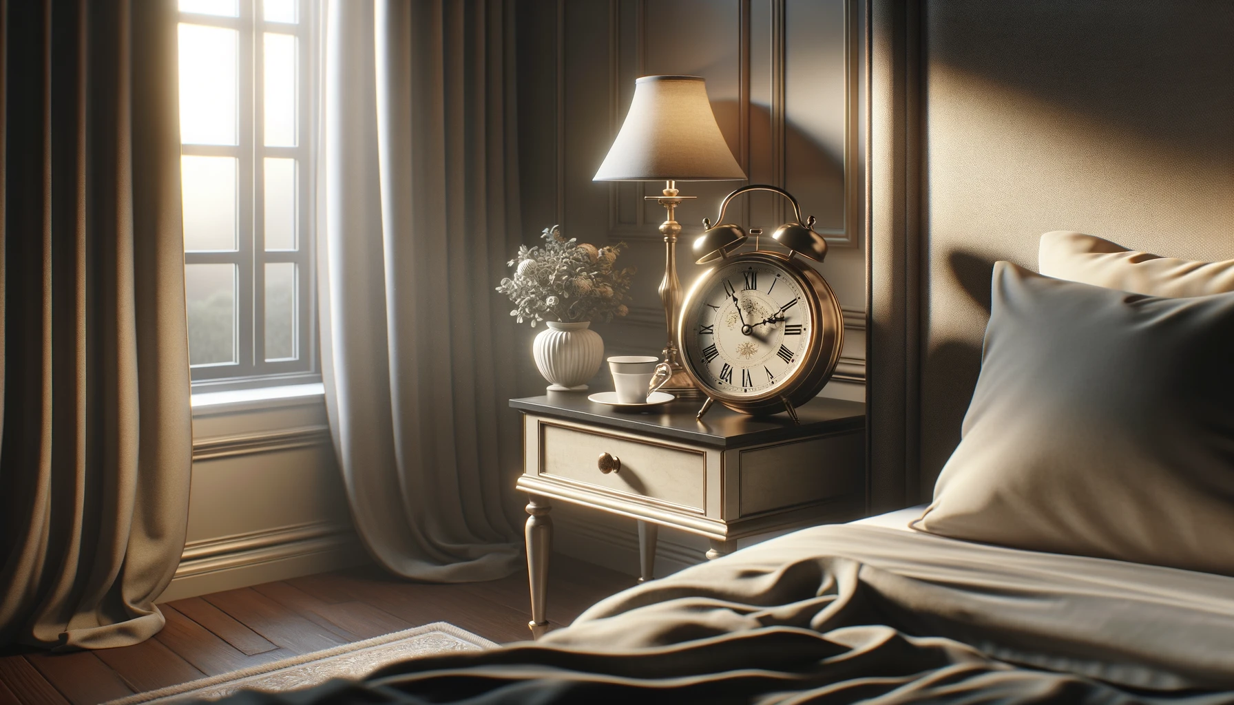DALL·E 2024-02-19 16.47.47 - An elegant bedroom featuring a vintage alarm clock on a nightstand, with the early morning light softly illuminating the room. The scene should evoke