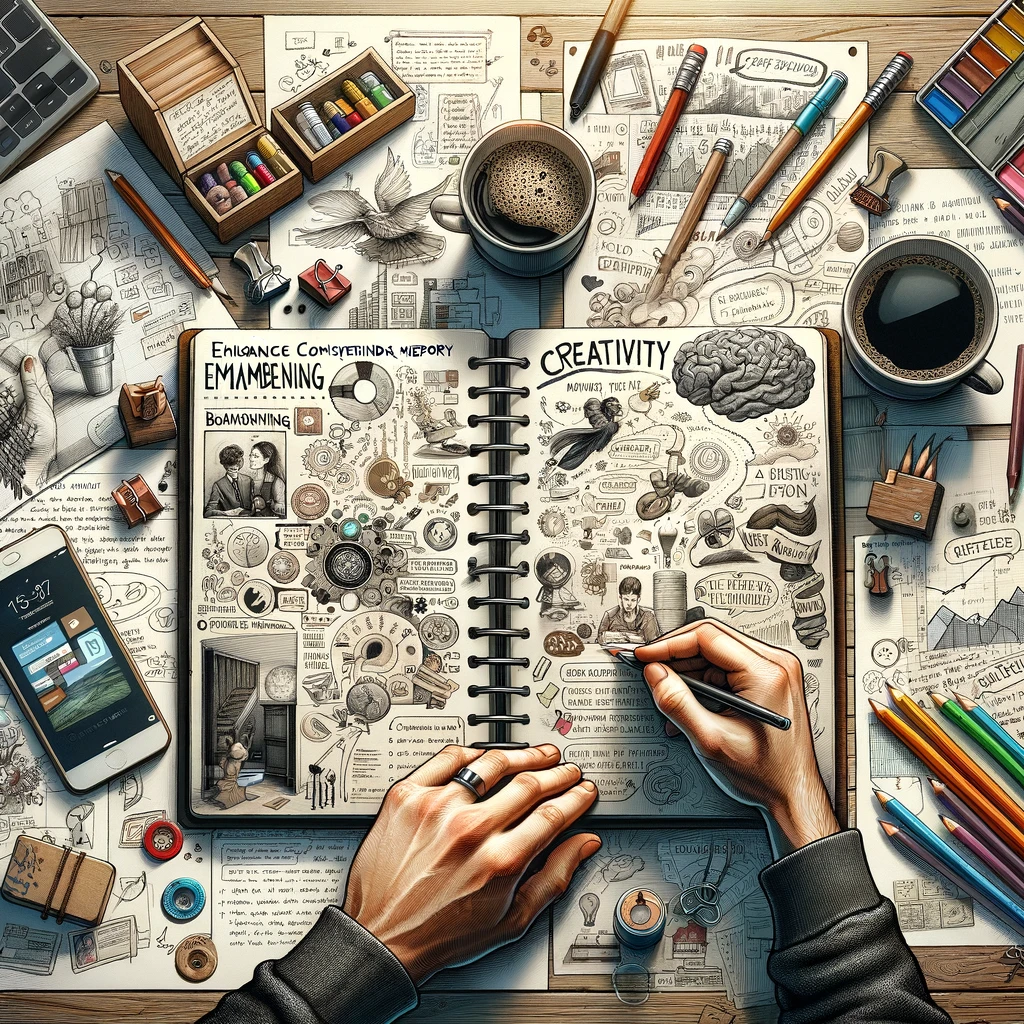 DALL·E 2024-02-19 17.03.00 - A hand writing detailed notes in a classic paper notebook, surrounded by various creative tools like pencils, markers, and a cup of coffee, illustrati