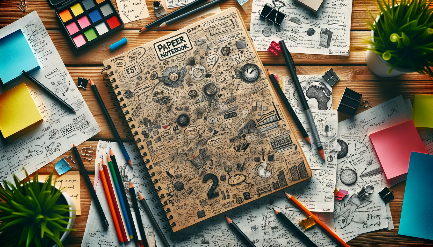 DALL·E 2024-02-19 17.04.14 - An overhead view of a paper notebook filled with handwritten notes, sketches, and mind maps, illustrating the creative and analytical process of brain