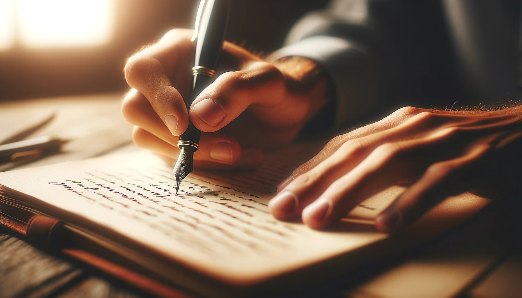 DALL·E 2024-02-19 17.04.16 - A close-up image of hands writing in a paper notebook with a fountain pen, highlighting the intimate and personal experience of jotting down thoughts,