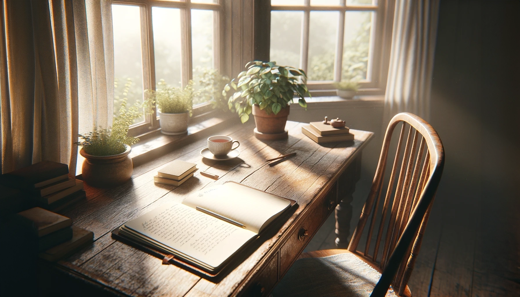 DALL·E 2024-02-19 17.04.51 - A peaceful and inspiring workspace featuring a paper notebook open on a vintage wooden desk, next to a window with natural light streaming in. The sce copy