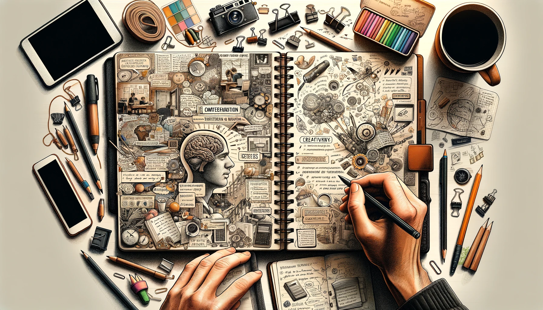 DALL·E 2024-02-19 17.11.20 - A hand writing detailed notes in a classic paper notebook, surrounded by various creative tools like pencils, markers, and a cup of coffee, illustrati